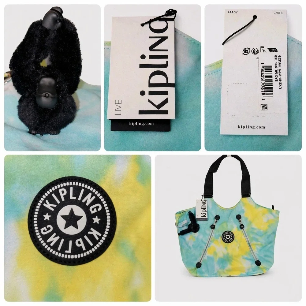 Kipling Cicely Tote Bag Tie Dye Nylon Lightweight Zip Shoulder Monkey Keychain